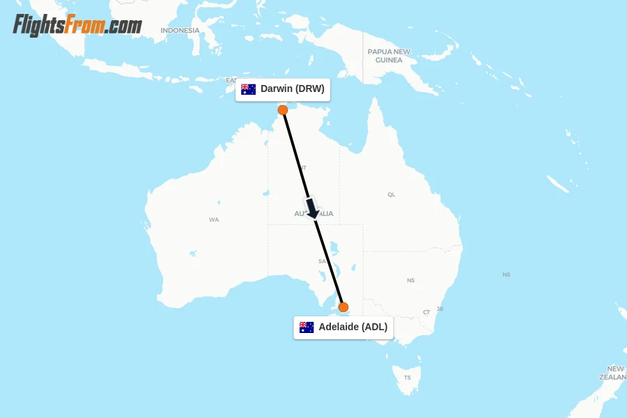 Flights from Darwin to Adelaide route map