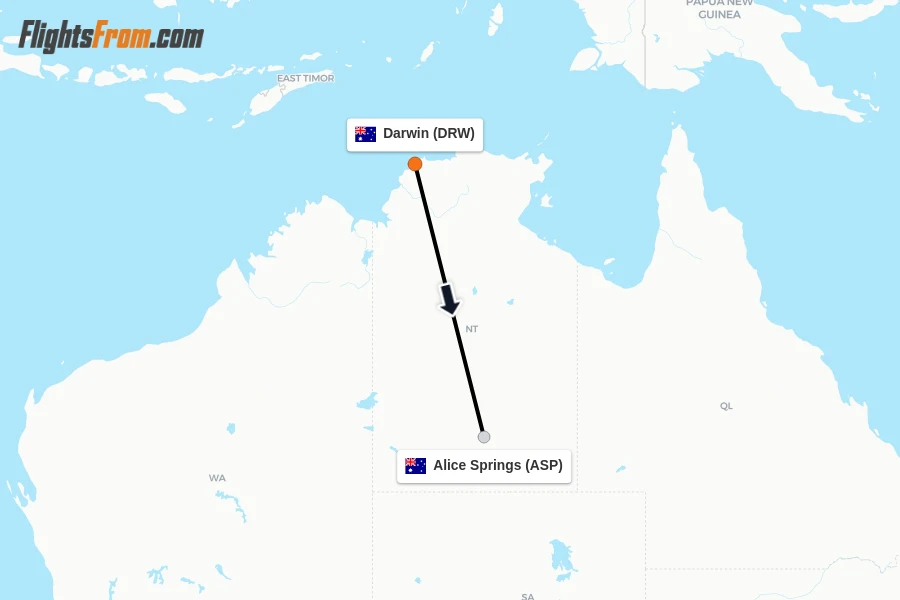 Flights from Darwin to Alice Springs route map