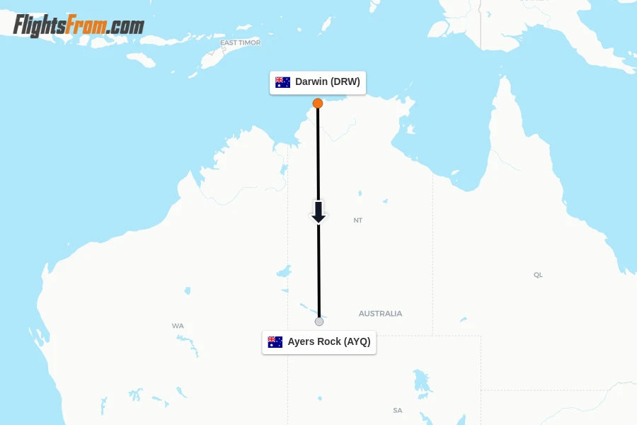 Flights from Darwin to Ayers Rock route map