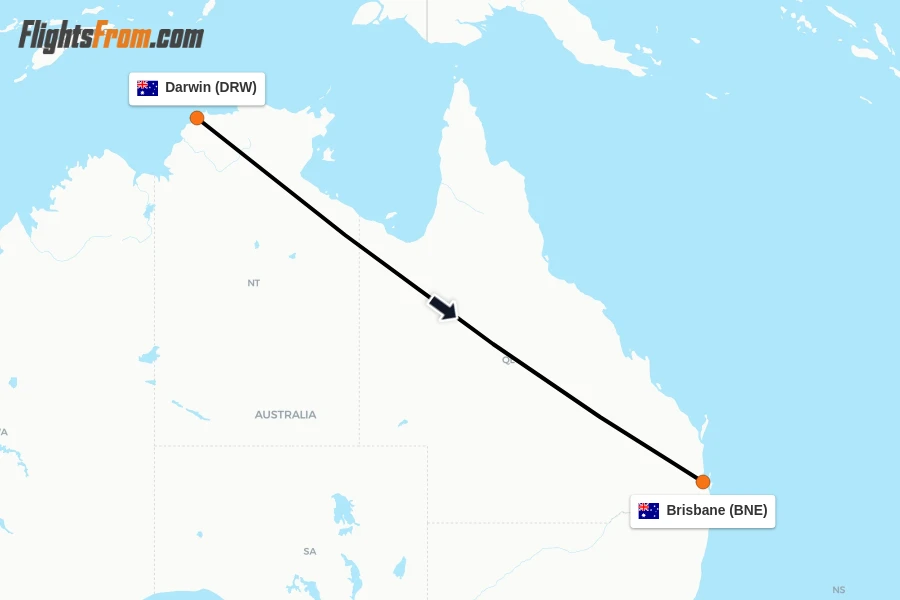 Flights from Darwin to Brisbane route map
