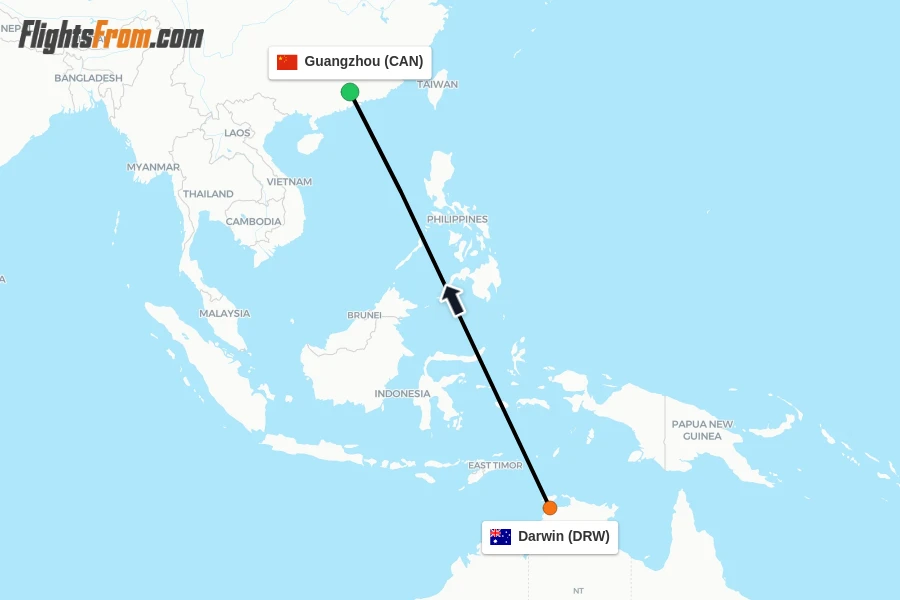 Flights from Darwin to Guangzhou route map