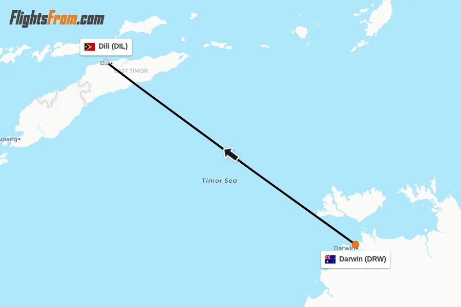 Flights from Darwin to Dili route map