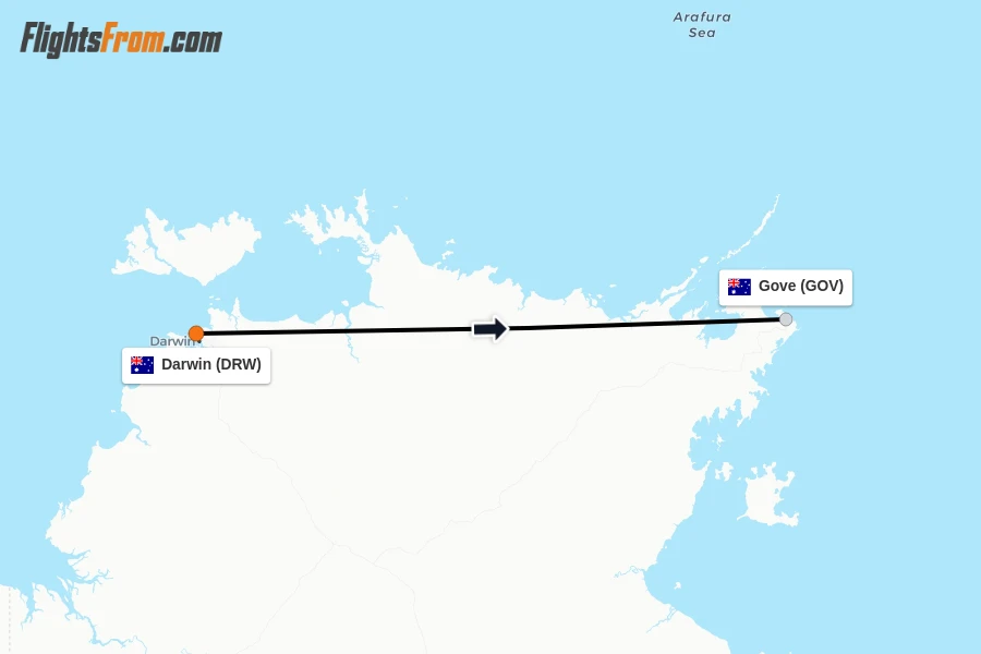 Flights from Darwin to Gove route map