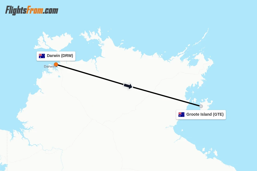 Flights from Darwin to Groote Island route map