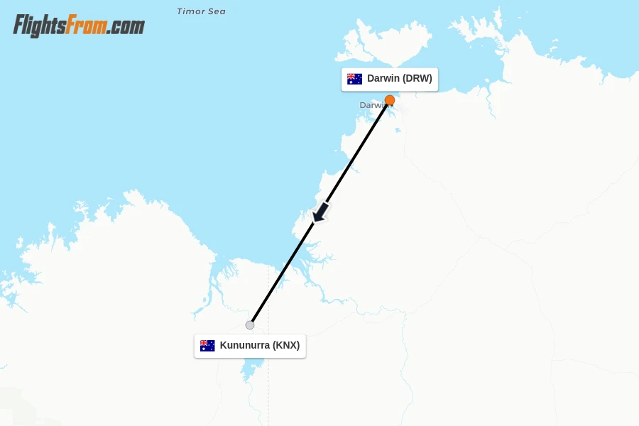 Flights from Darwin to Kununurra route map