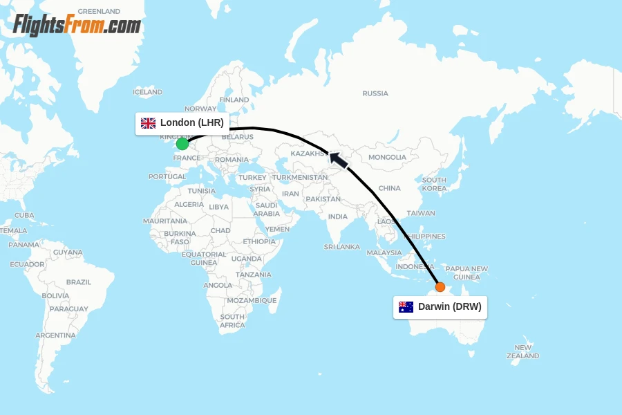 Flights from Darwin to London route map