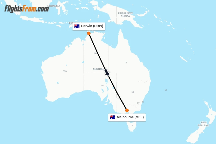 Flights from Darwin to Melbourne route map