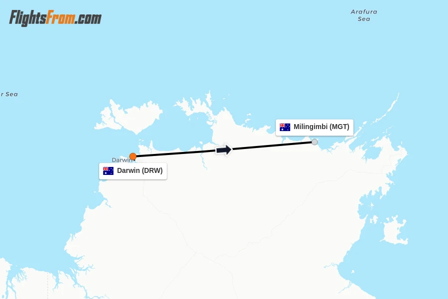 Flights from Darwin to Milingimbi route map