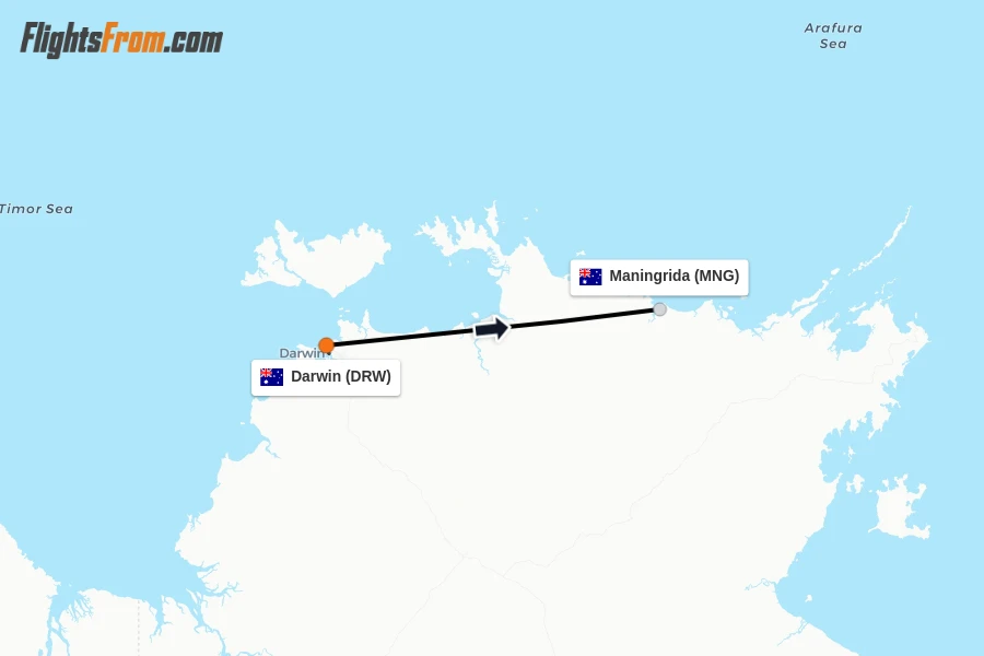 Flights from Darwin to Maningrida route map
