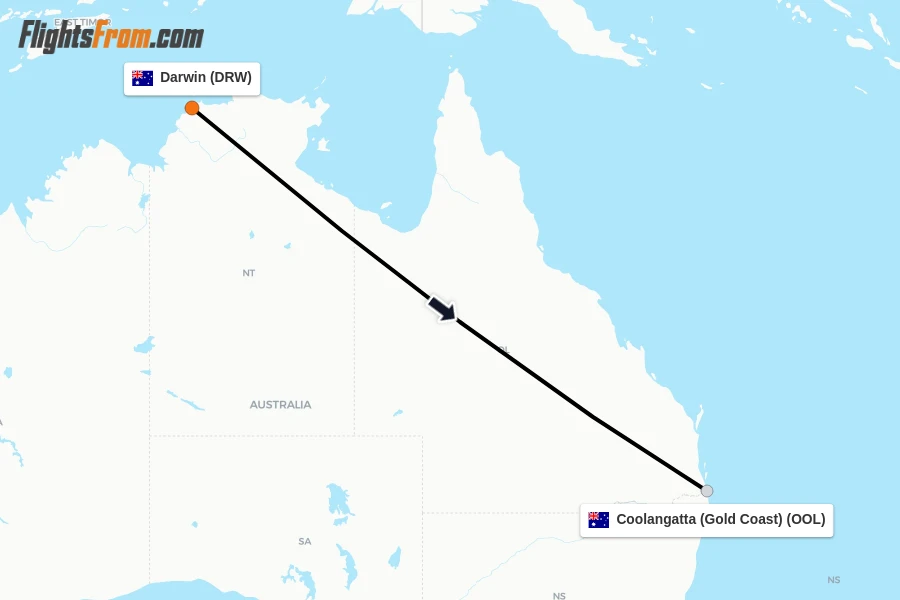 Flights from Darwin to Coolangatta (Gold Coast) route map