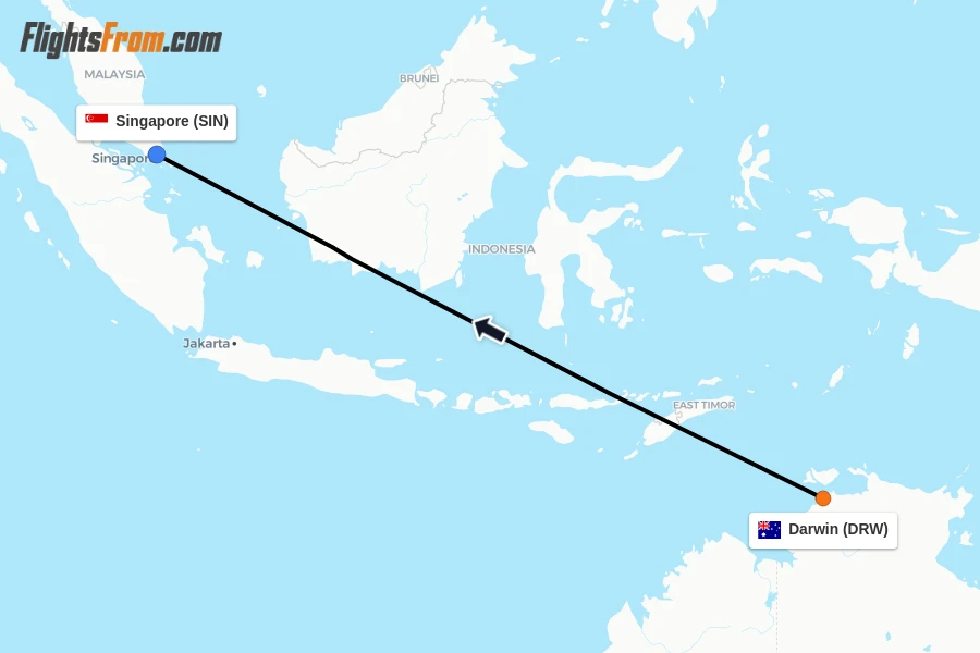 Flights from Darwin to Singapore route map