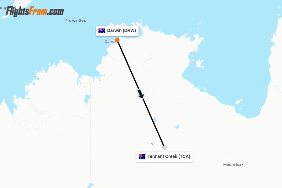 Flights from Darwin to Tennant Creek route map