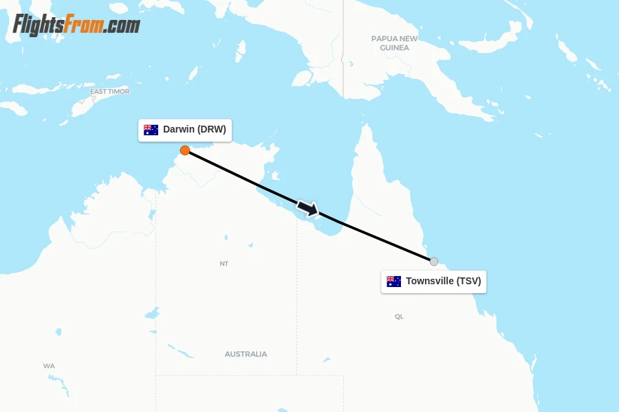 Flights from Darwin to Townsville route map