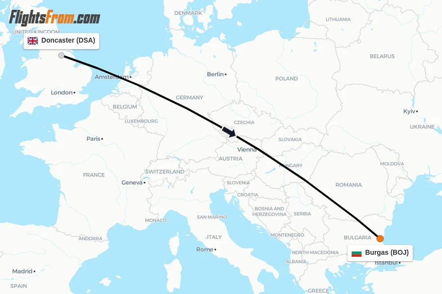 Flights from Doncaster to Burgas route map