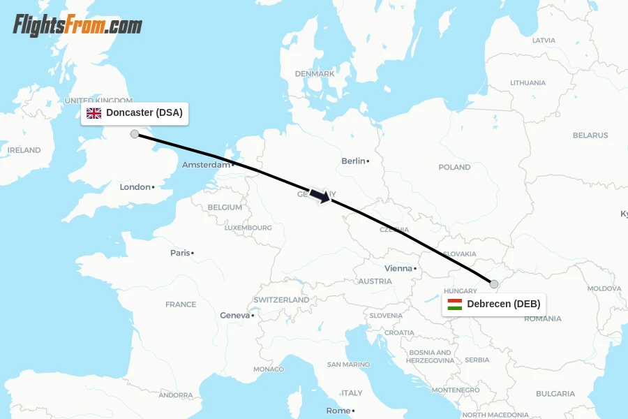 Flights from Doncaster to Debrecen route map