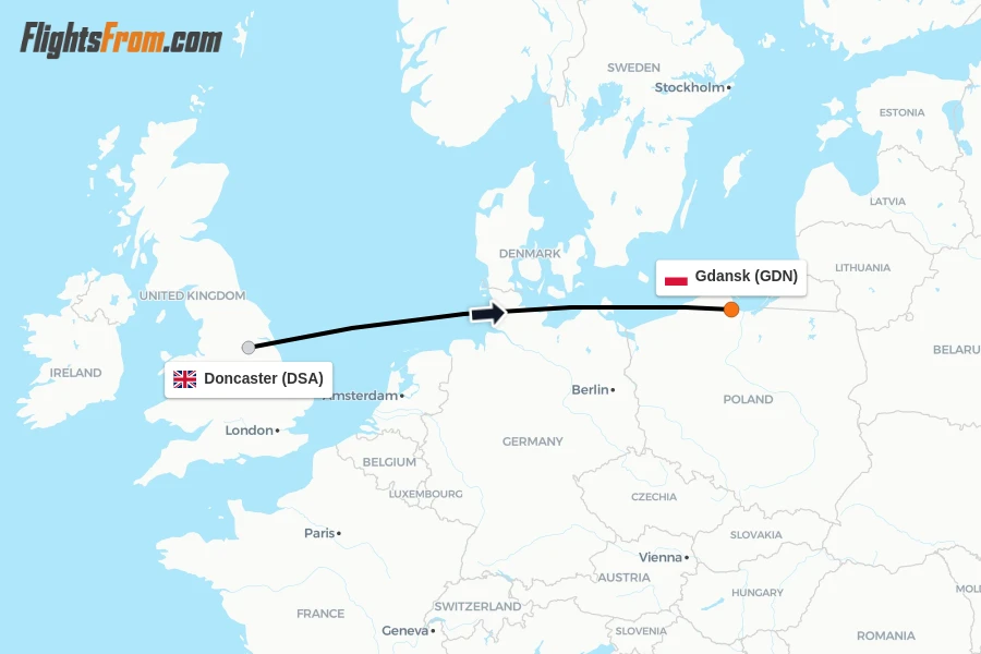 Flights from Doncaster to Gdansk route map