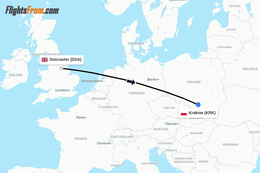 Flights from Doncaster to Krakow route map