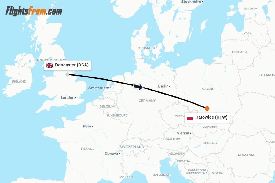 Flights from Doncaster to Katowice route map