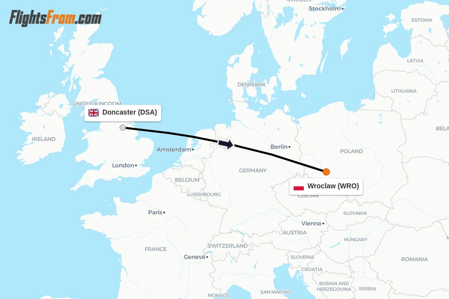 Flights from Doncaster to Wroclaw route map