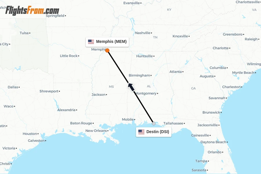 Flights from Destin to Memphis route map
