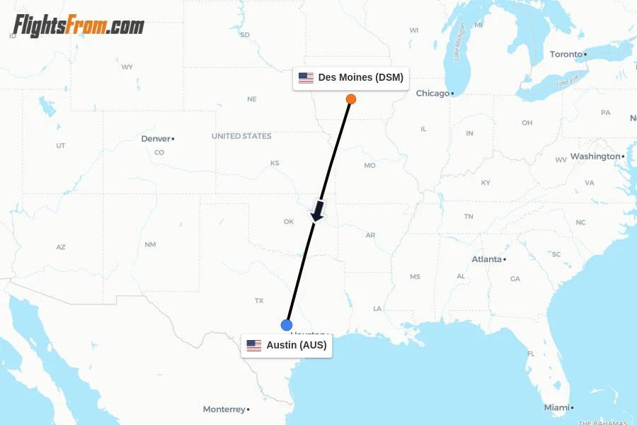 Flights from Des Moines to Austin route map