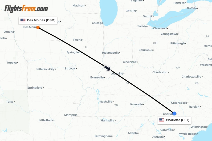 Flights from Des Moines to Charlotte route map