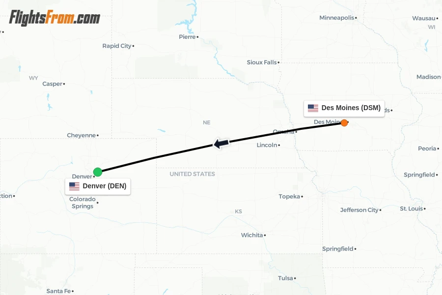 Flights from Des Moines to Denver route map