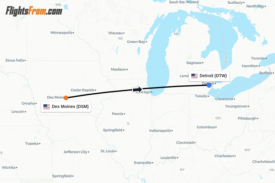 Flights from Des Moines to Detroit route map