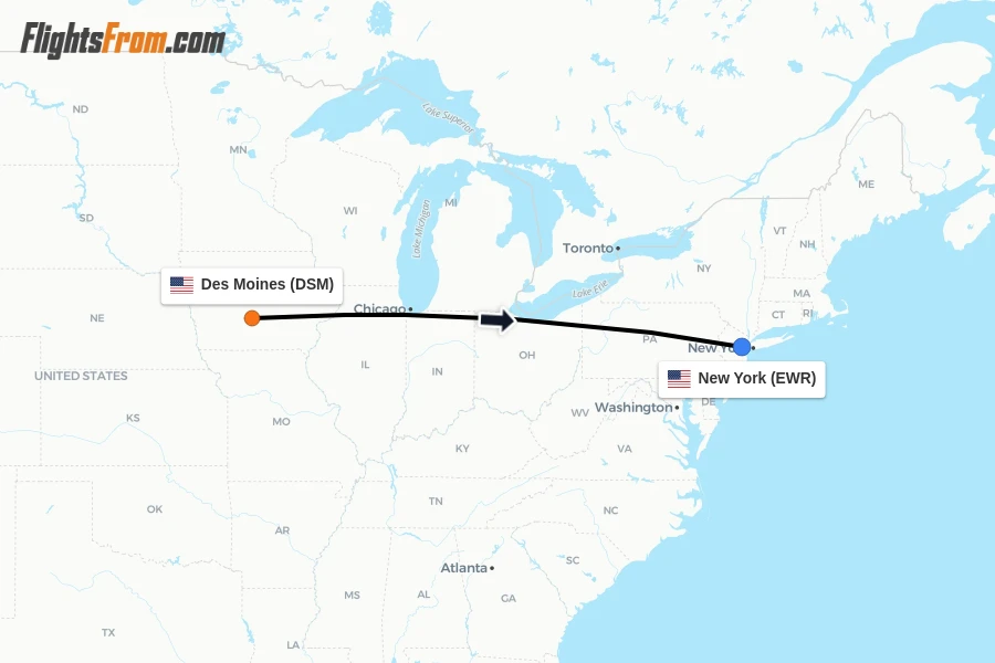 Flights from Des Moines to New York route map