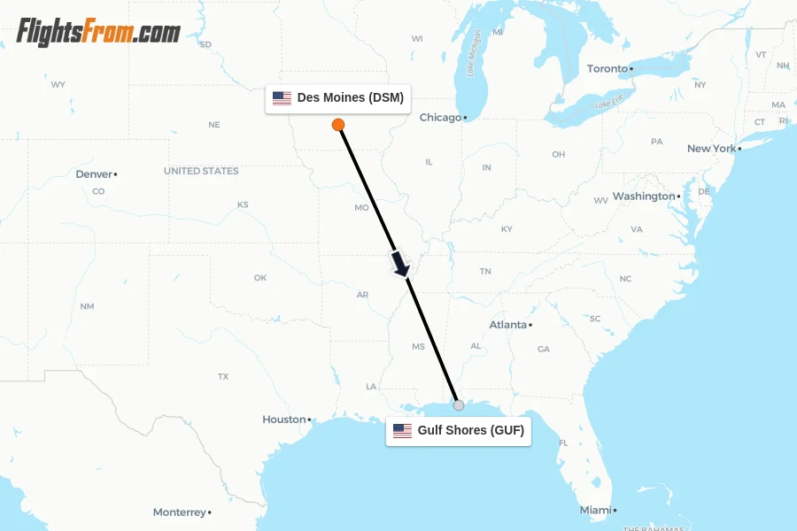Flights from Des Moines to Gulf Shores route map