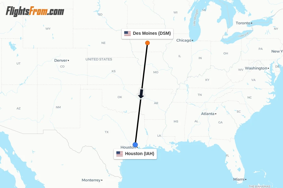 Flights from Des Moines to Houston route map
