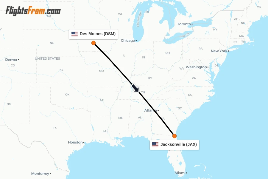 Flights from Des Moines to Jacksonville route map