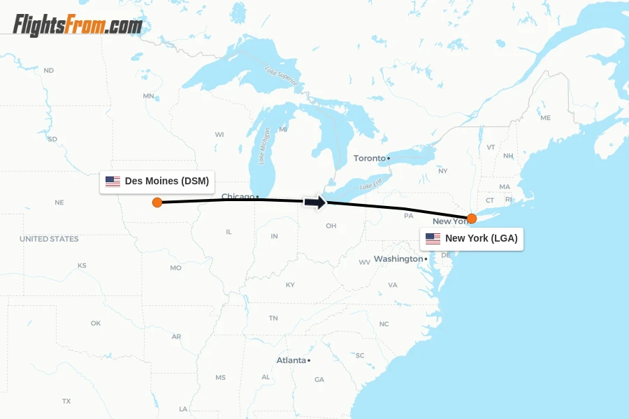 Flights from Des Moines to New York route map