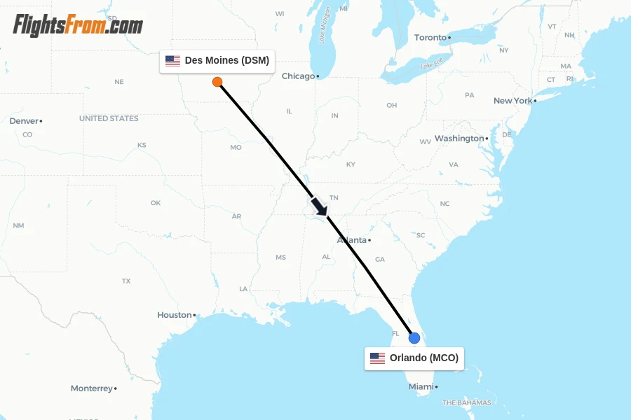 Flights from Des Moines to Orlando route map