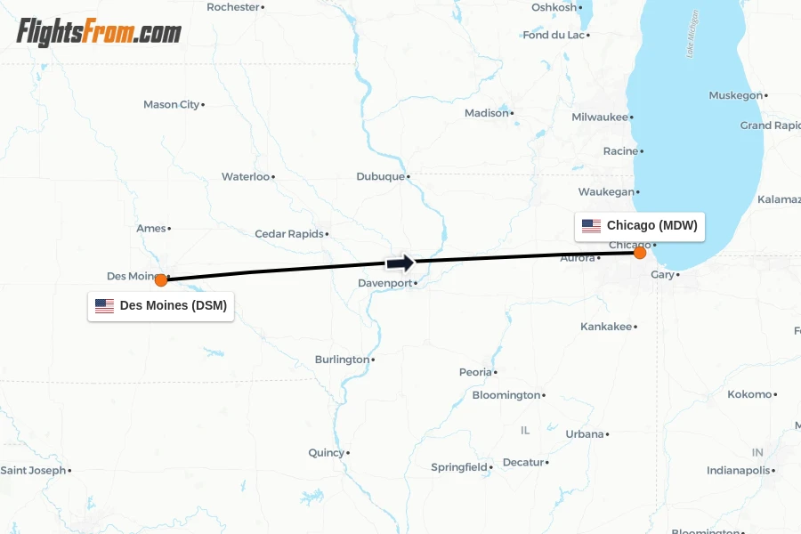 Flights from Des Moines to Chicago route map
