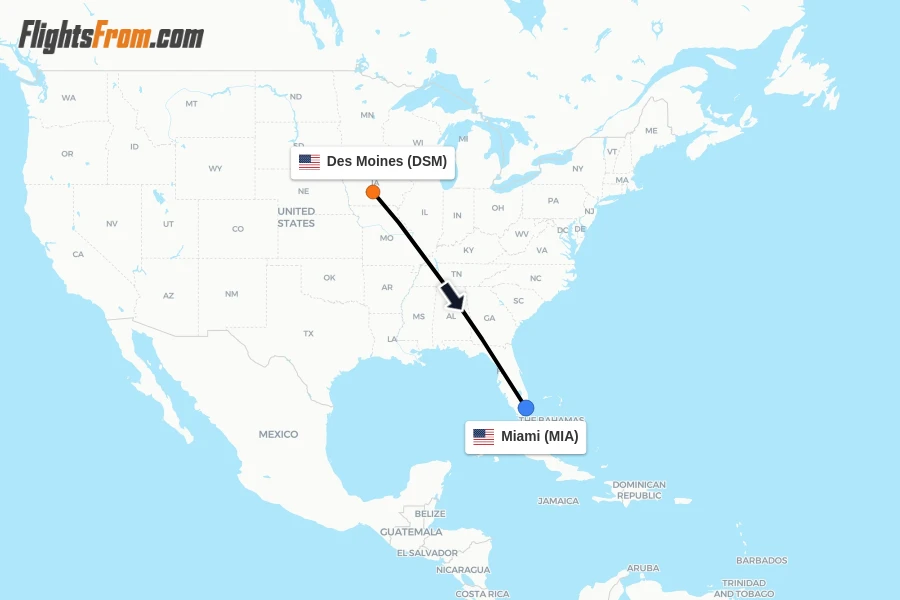 Flights from Des Moines to Miami route map