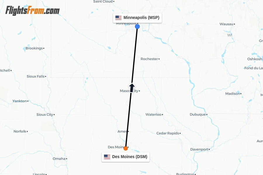 Flights from Des Moines to Minneapolis route map