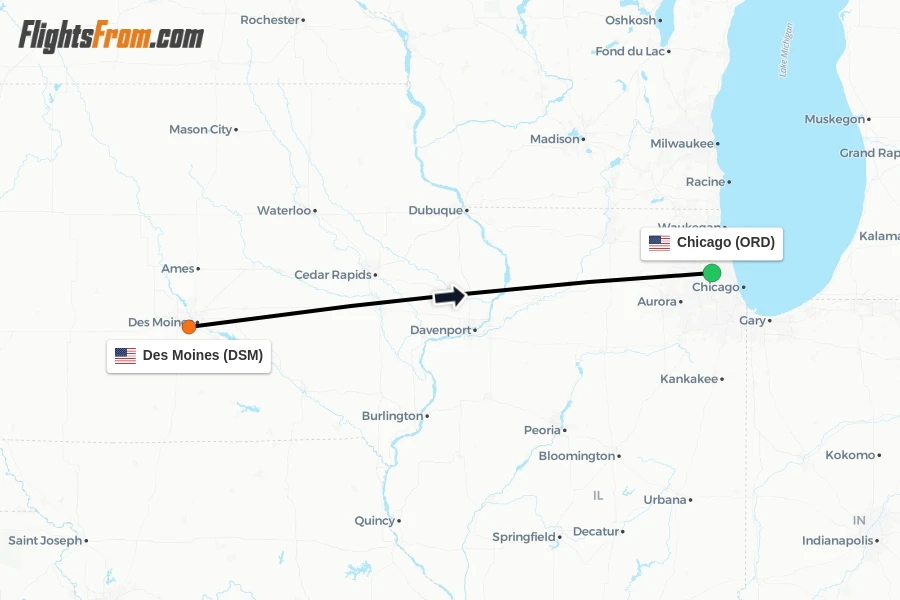 Flights from Des Moines to Chicago route map