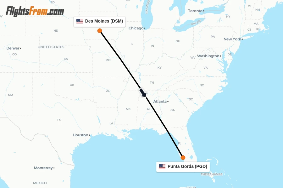 Flights from Des Moines to Punta Gorda route map
