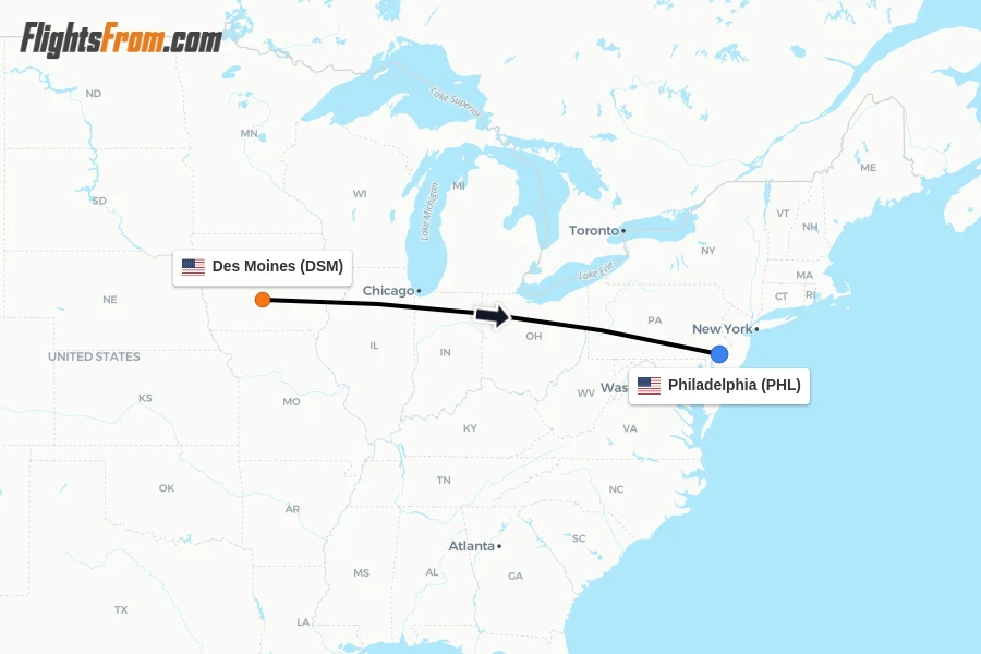 Flights from Des Moines to Philadelphia route map