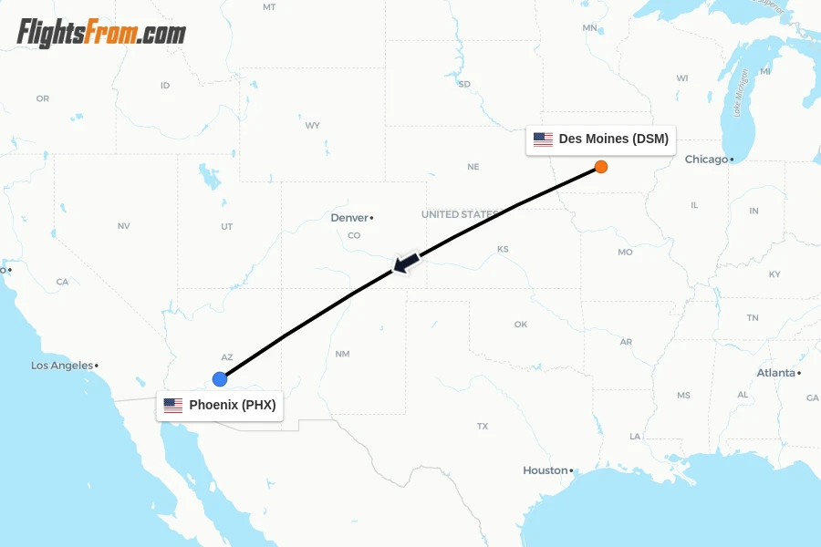 Flights from Des Moines to Phoenix route map