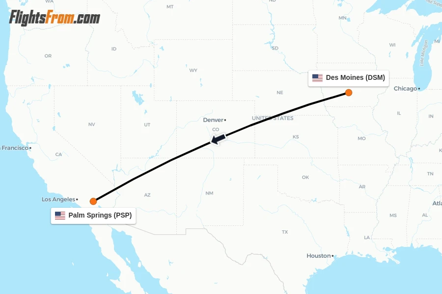 Flights from Des Moines to Palm Springs route map