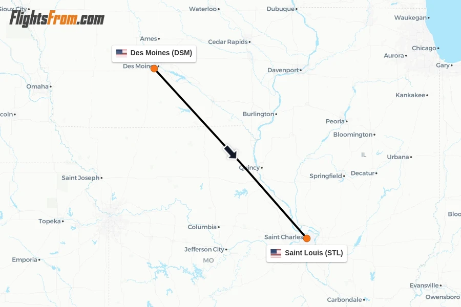Flights from Des Moines to Saint Louis route map