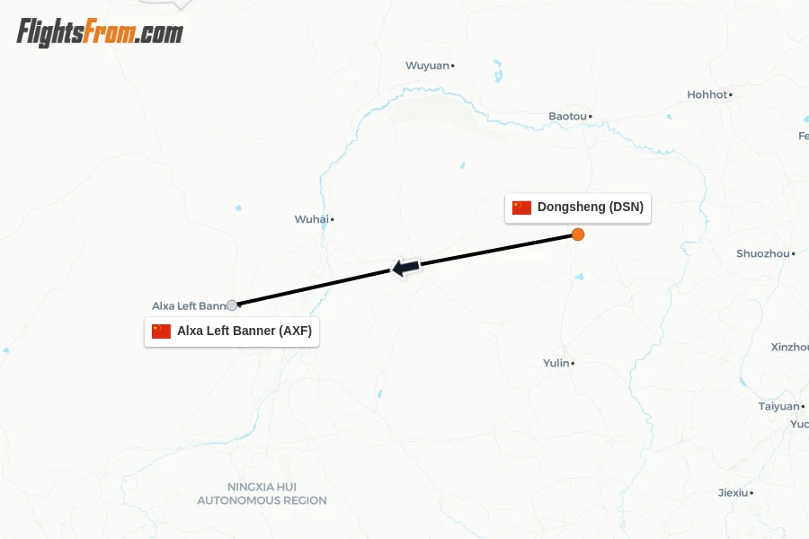 Flights from Dongsheng to Alxa Left Banner route map