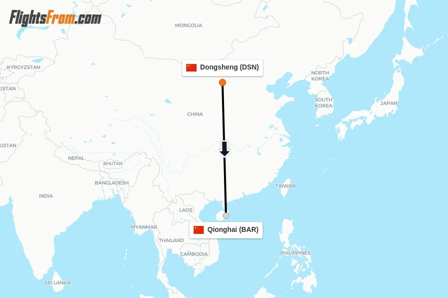 Flights from Dongsheng to Qionghai route map