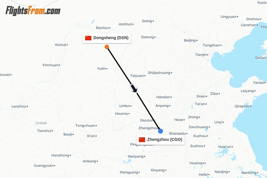 Flights from Dongsheng to Zhengzhou route map