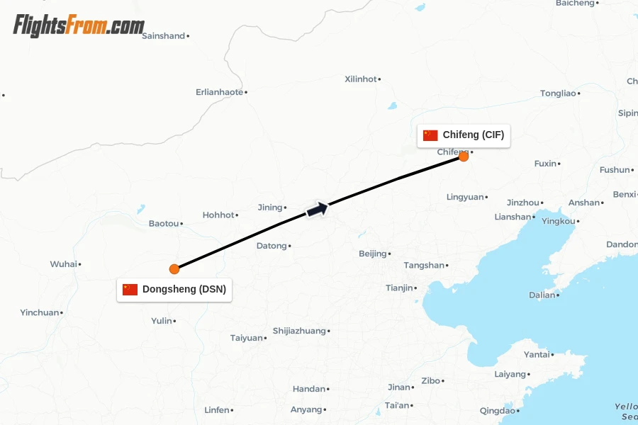 Flights from Dongsheng to Chifeng route map
