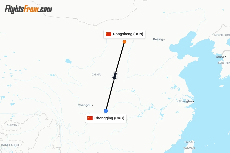 Flights from Dongsheng to Chongqing route map