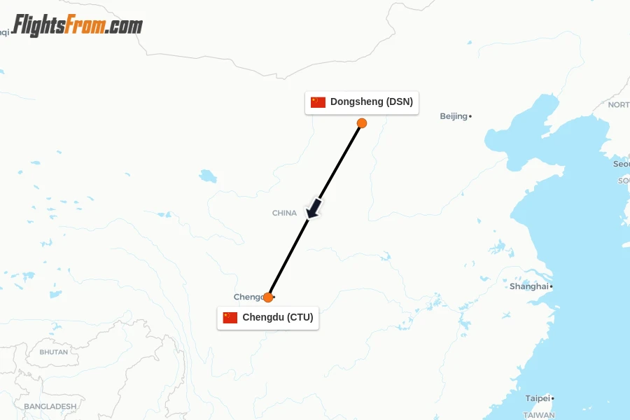 Flights from Dongsheng to Chengdu route map