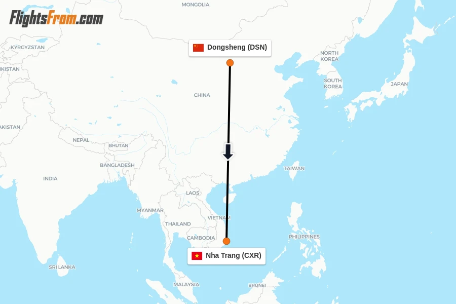 Flights from Dongsheng to Nha Trang route map